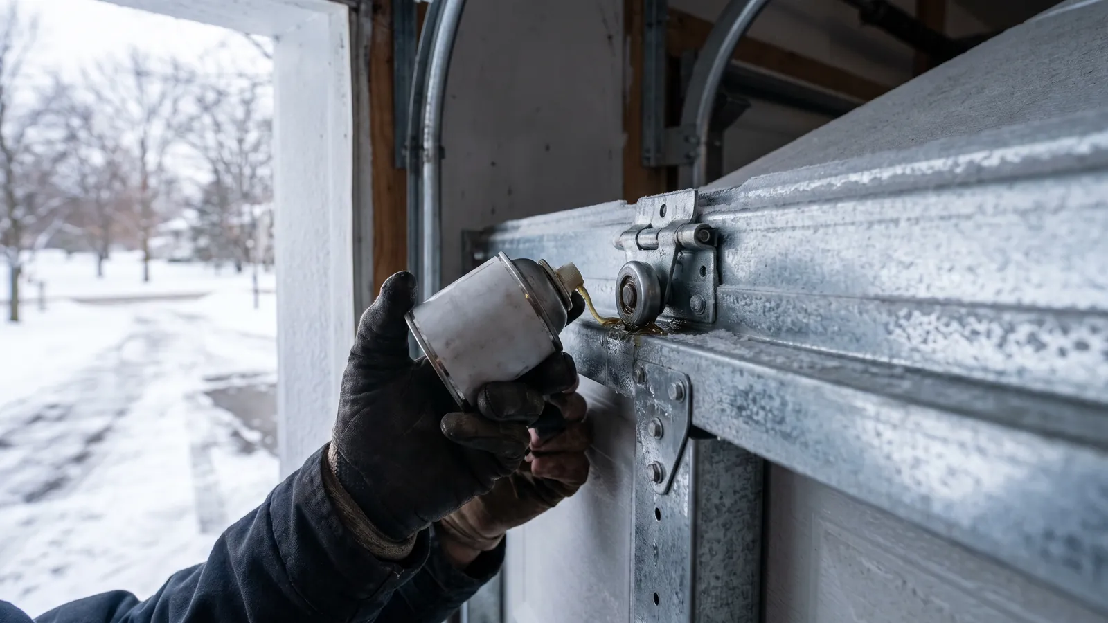 Technician's gloved hands applying lubricant to the rollers and hinges along a galvanized garage door track during a winter tune-up