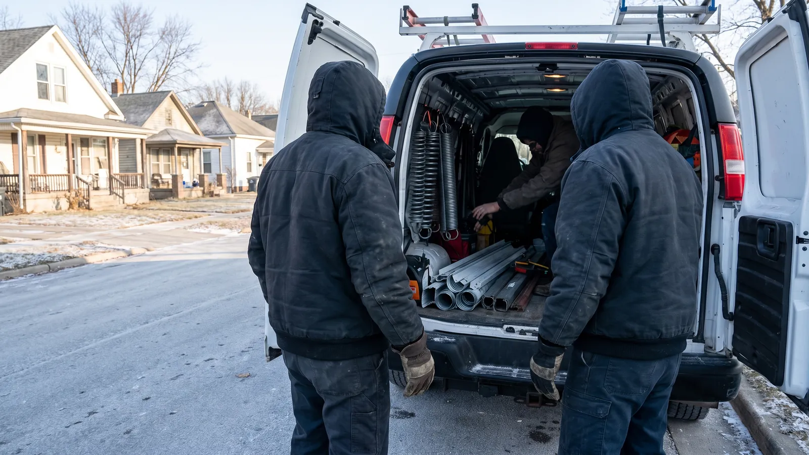 Two garage door technicians in work jackets standing beside their service van on a residential street in Kansas City, Kansas